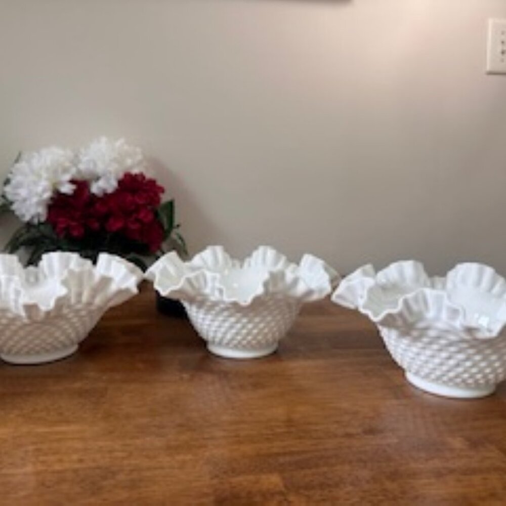 Fenton Hobnail Milk Glass Ruffle Bowls Set – Vintage White Scalloped Crimped Edg